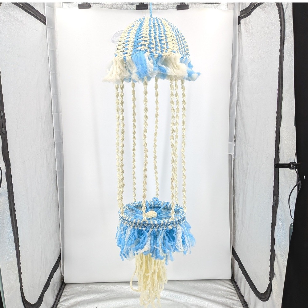Vintage 70s Macrame Hanging Planter Blue Cream Fringe Boho Plant Holder 60"